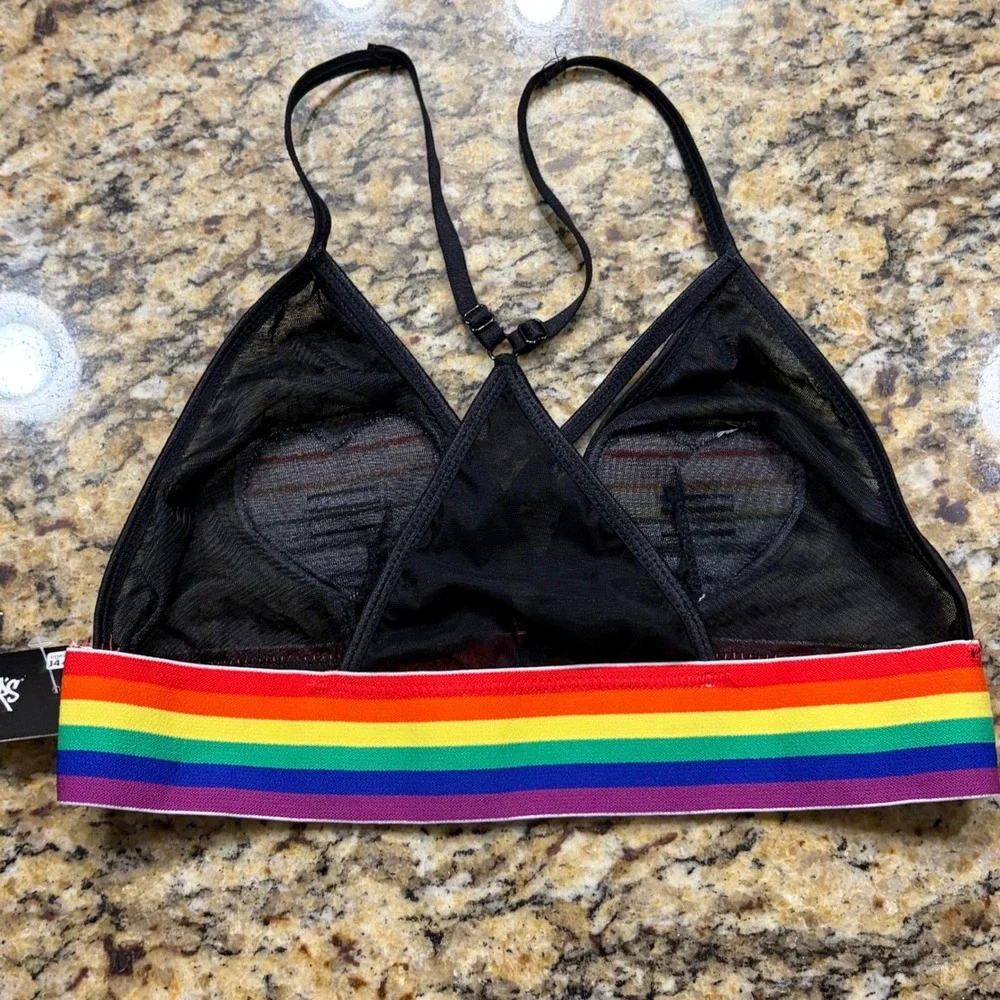 NEW BodyRage Spencers Rainbow Pride Equality‎ Heart Mesh Bralette Black S/M